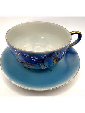 Vtg Japanese Hand Painted Cup & Saucer W/ Birds & Gold Rim